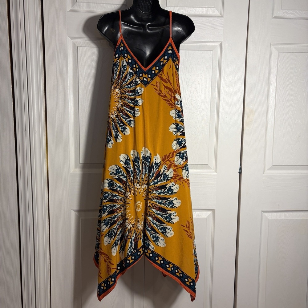 Jealous Tomato Boho Hanky Hem‎ Dress Women M Orange Feather Medallion Sleeveless - Picture 4 of 10